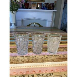 Vintage Starburst Pattern Clear Heavy Juice Glass Oatmeal Glasses 3 MCM 1960s